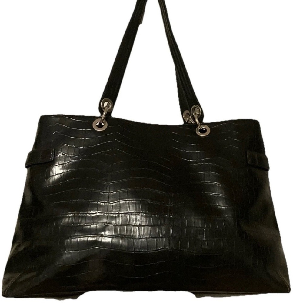 Worthtington Large Tote Shoulder Bag Faux Croc Buckle Detail Two Handles  Black